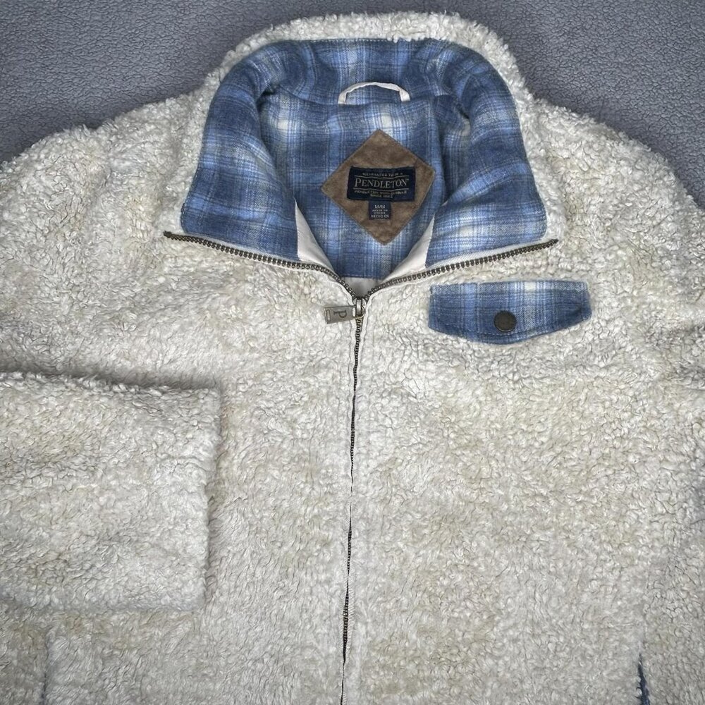Pendleton Jacket Mens Medium Beige Sherpa Fleece Zip Plaid Pocket Outdoors Warm